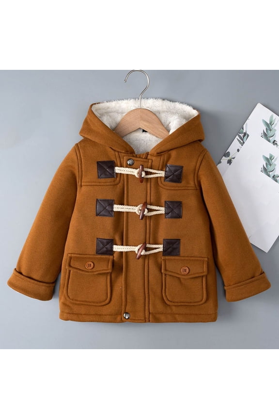 Kids Hooded Toggle Coat with Lapel Collar, Versatile Fleece Lined Long Sleeve Jacket for School, Weekend Activities and Family Outings in Cool Weather