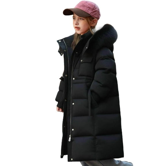 Paiwinds Kids Long Puffer Parka with Faux Fur Hood, Windproof Winter Jacket Offering Thickened Insulated Design and Multiple Pockets for Cold Weather Protection