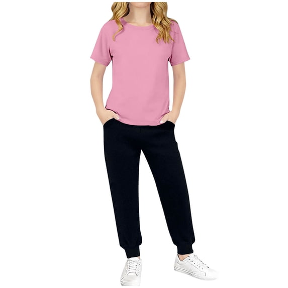 Paiwinds Kids Solid Color Short Sleeve Top and Pants Set - Crewneck Pullover with Elastic Waist Pants, Soft Nylon Spandex, Casual Everyday Outfit for School and Home