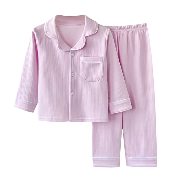 Paiwinds Kids Summer Pajamas Set Long Sleeve Turndown Collar Button Down Top And Pants Cotton Home Wear