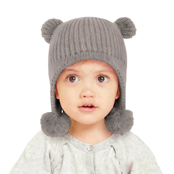 Paiwinds Kids Winter Knitted Beanie Hat with Ear Flaps & Pom Poms - Warm Fleece Lined Cap for Boys Girls 2-12 Years, Cute Bear Ear Design, Soft Stretch Fit for Cold Weather