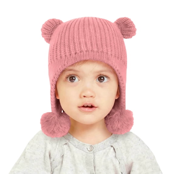 Paiwinds Kids Winter Knitted Beanie Hat with Ear Flaps & Pom Poms - Warm Fleece Lined Cap for Boys Girls 2-12 Years, Cute Bear Ear Design, Soft Stretch Fit for Cold Weather