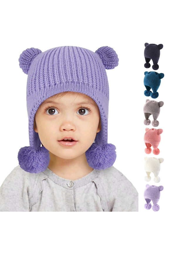 Kids Winter Knitted Beanie Hat with Ear Flaps & Pom Poms - Warm Fleece Lined Cap for Boys Girls 2-12 Years, Cute Bear Ear Design, Soft Stretch Fit for Cold Weather