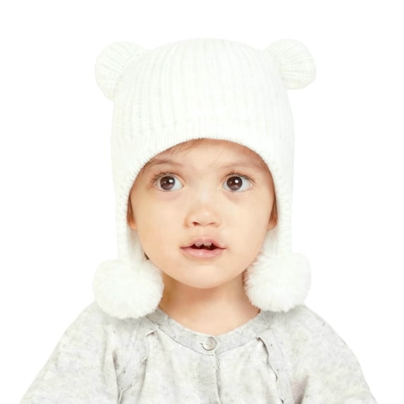 Paiwinds Kids Winter Knitted Beanie Hat with Ear Flaps & Pom Poms - Warm Fleece Lined Cap for Boys Girls 2-12 Years, Cute Bear Ear Design, Soft Stretch Fit for Cold Weather