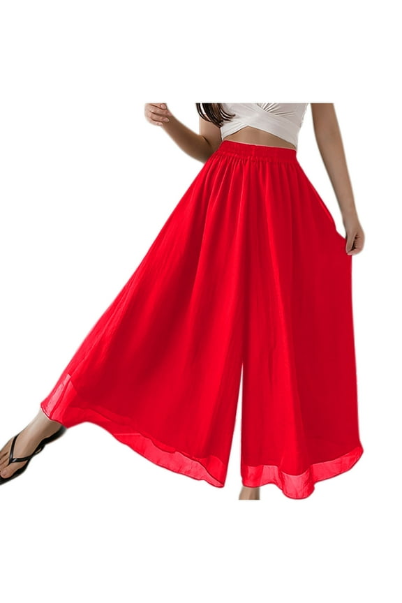 Ladies' Loose Casual Double-layer Chiffon Wide Leg Pants, Palazzo Style, Pull-On, Stretchy Lightweight, Multiple Colors.
