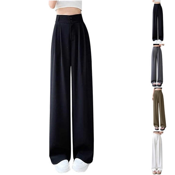 Paiwinds Ladies' Solid Color High Waist Straight Leg Wide Leg Pants, Elastic Waist, Stretchy Ice Silk Suit Trousers for Office, Classic Fit, Multiple Colors.