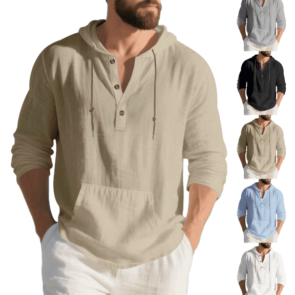 Paiwinds Men's Beach Hoodie Pullover, Half Button Cover-Up with Drawstring & Pocket, Lightweight Long Sleeve Resort Wear for Vacation and Outdoor