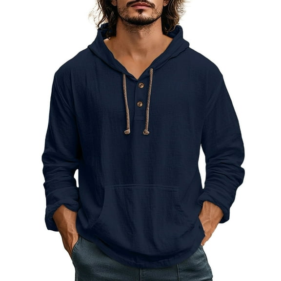 Paiwinds Men's Beach Hoodie Pullover, Resort Casual Long Sleeve Top with Half Button Placket & Drawstring, Lightweight Cover-Up for Vacation and Outdoor