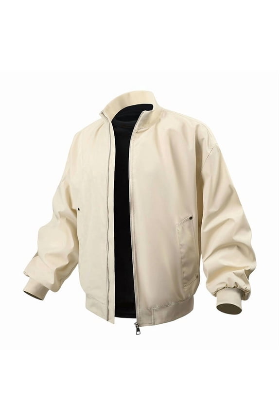Men's Bomber Jacket with Full Zip Closure and Stand-Up Collar, Classic Casual Style, Polyester Nylon Blend, Solid Color Design with Practical Pockets for Daily Wear