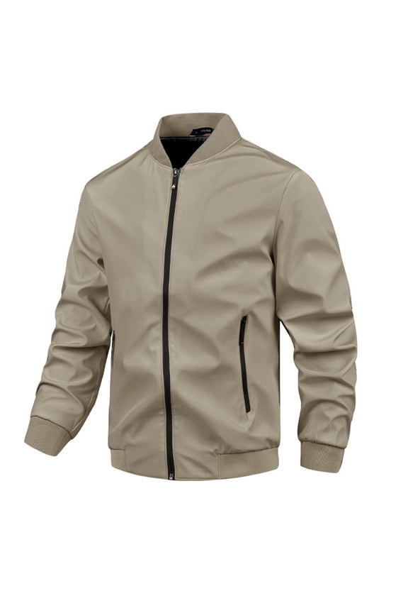 Men's Bomber Jacket with Full Zip Closure and Stand-Up Collar, Classic Casual Style, Polyester Nylon Blend, Solid Color Design with Practical Pockets for Daily Wear
