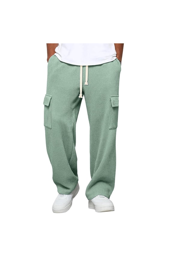 Men's Casual Cargo Pants Drawstring Elastic Waist Loose Fit Waffle Knit Trousers with Pockets for Outdoor Hiking Sport