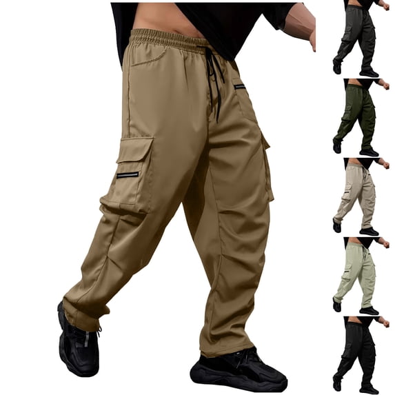 Paiwinds Men's Casual Cargo Pants with Drawstring Elastic Waist, Relaxed Fit Multi-Pocket Trousers for Spring Summer Outdoor, Khaki