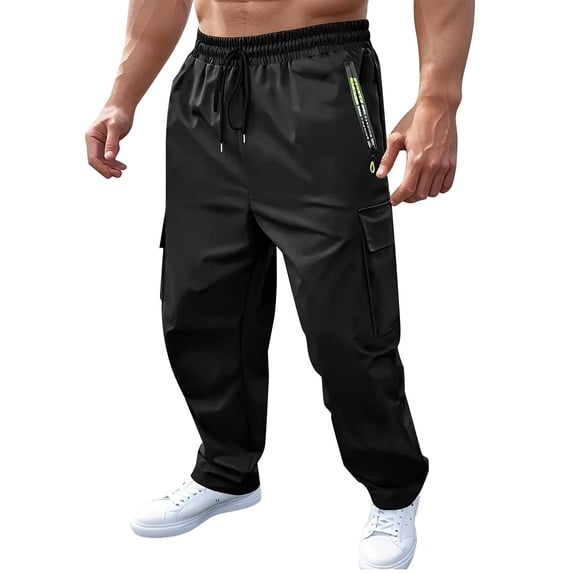 Paiwinds Men's Casual Cargo Pants with Pockets Drawstring Elastic Waist Straight Leg Solid Color Work Trousers for Jogging Hiking Daily Wear