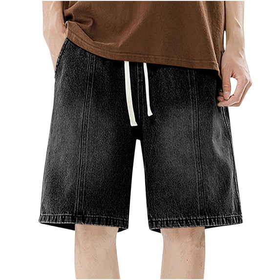 Paiwinds Men’s Casual Denim Shorts Elastic Waistband Drawstring Relaxed Fit Summer Jeans Shorts Light Blue Black Grey