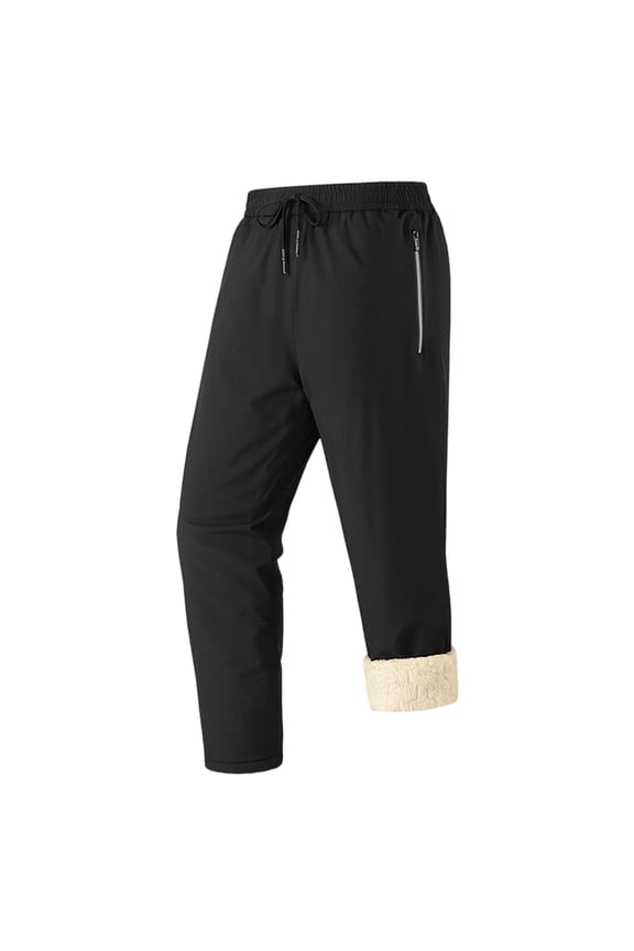 Men's Casual and Fashionable Washed Solid Color Pants with Drawstring Elastic Waist and Zipper Pockets, Fleece Lining for Warmth, Ideal for Cold Weather and Outdoor Activities