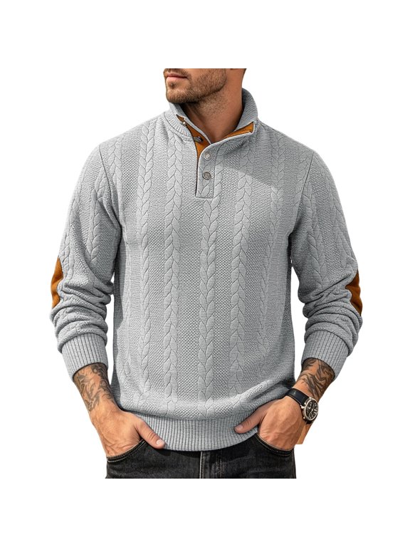 Men's Casual Long Sleeve Pullover Sweatshirt Standing Collar Cable Knit Top Solid Quarter Zip Winter Fall Casual Wear with Elbow Patch for Holiday Office Daily