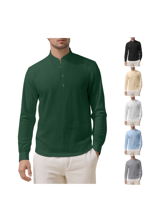 Men's Casual Linen Button Half-Cardigan, Long Sleeve Stand Collar Top Made from Breathable Flax for Lightweight Comfort