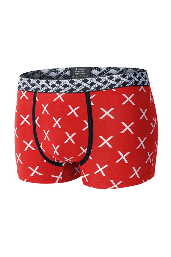 Men's Cotton Boxer Briefs with X-Pattern Print and Contour Pouch Support Breathable Underwear