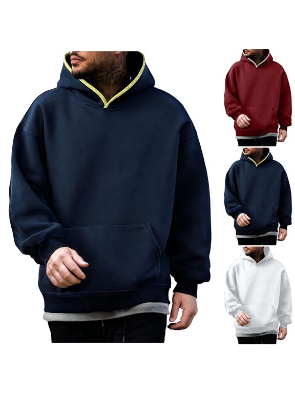 Men's Drop Shoulder Hoodie, Solid Color Long Sleeve Pullover with Relaxed Fit and Soft Nylon Spandex Blend, Casual Streetwear Sweatshirt for Everyday Wear