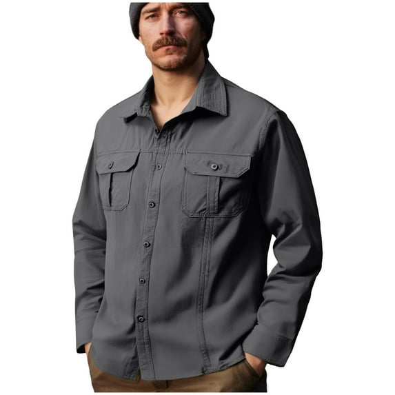 Paiwinds Men's Elastic Waterproof Shirt Jacket Button Down Turn-Down Collar Long Sleeve Solid Color Quick-Dry Coat for Active Wear