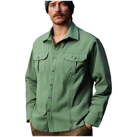Paiwinds Men's Elastic Waterproof Shirt Jacket Button Down Turn-Down Collar Long Sleeve Solid Color Quick-Dry Coat for Active Wear
