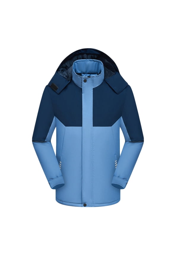 Men's Fleece-Lined Solid Patchwork Hooded Jacket with Zipper Closure & Stand Collar - Crafted from Durable Polyester for Windproof Warmth, Perfect for Outdoor Activities & Casual Use