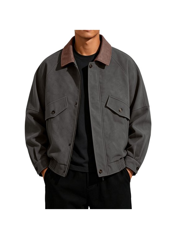 Men's Full Zip Utility Jacket Winter Coat Lapel Collar Long Sleeve Loose Fit Casual Outerwear with Pockets for Work Vacation Holiday Daily Wear