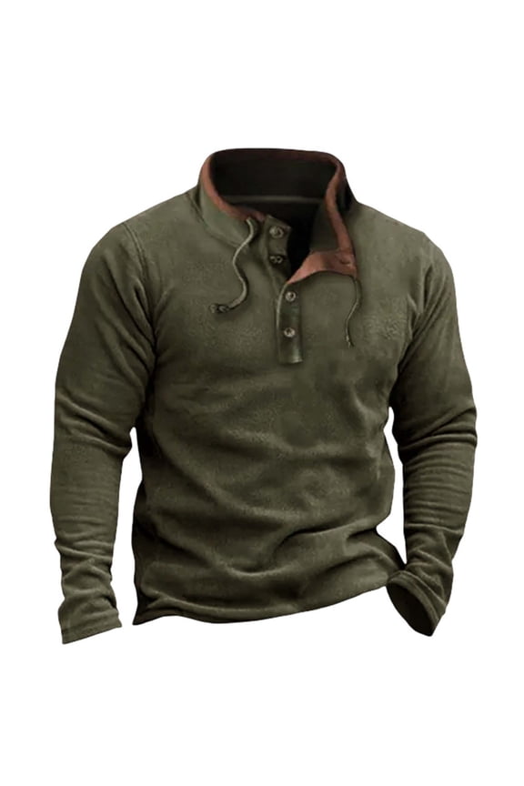 Men's Half-Button Pullover Shirt & Casual Top, Stand Collar Long Sleeve with Drawstrings, Warm Fleece Lined Sweatshirt for Cool Weather