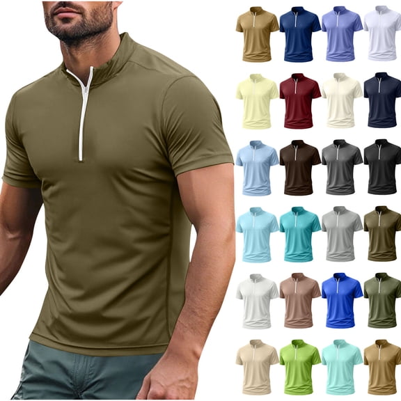 Paiwinds Men's Quick-Dry Golf Shirt - Short Sleeve Stand-up Collar Zipper, High-Stretch Slim Fit Athletic Top, Polyester Spandex Summer Running Fitness