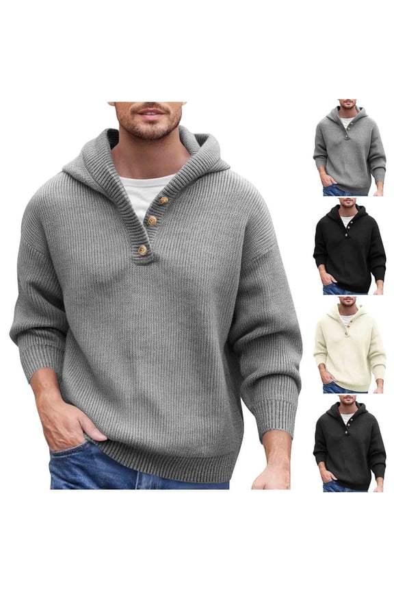 Men's Knitted V-Neck Hooded Sweater, Button Accents & Relaxed Fit, Soft Polyester Pullover for Winter in Beige