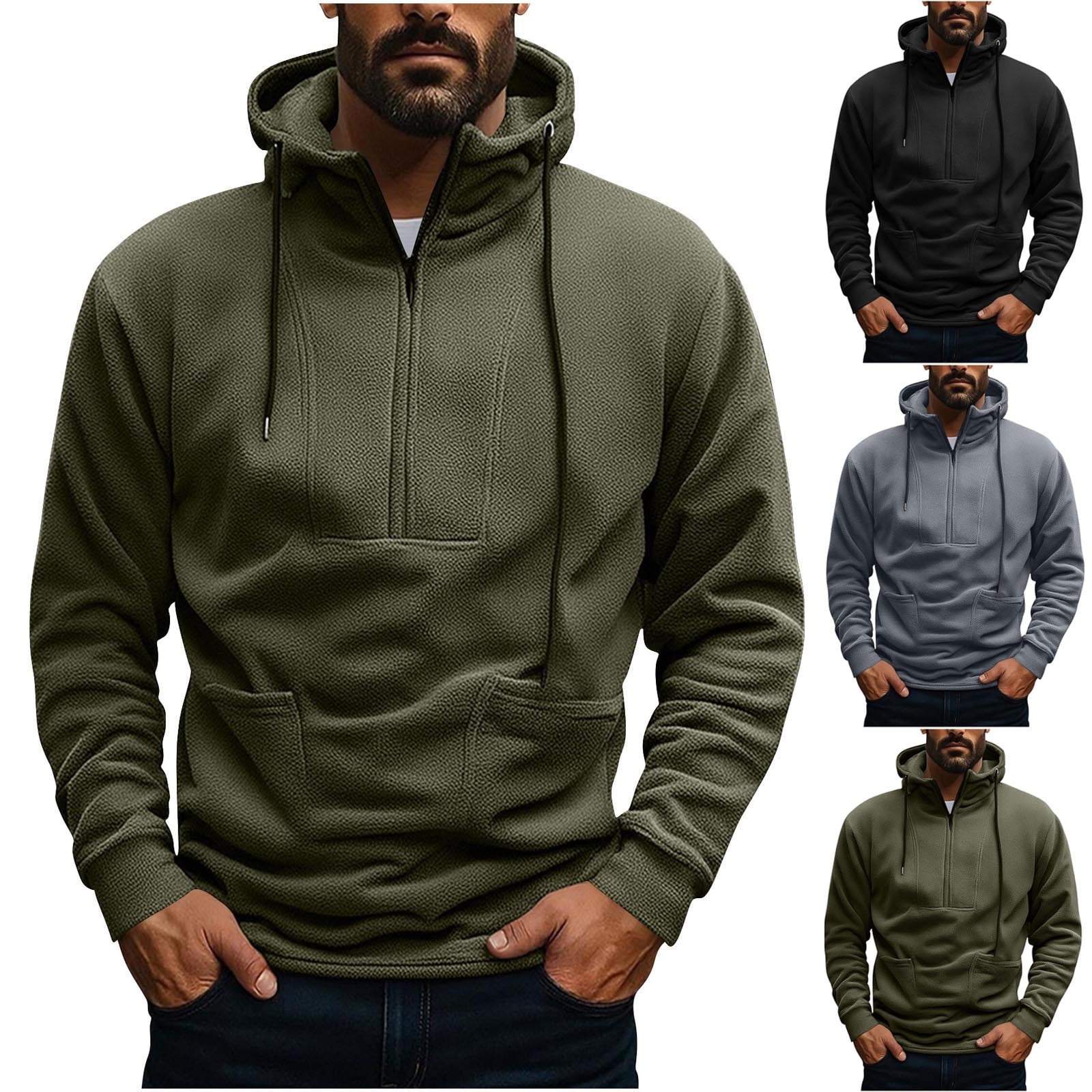 Paiwinds Men's Vintage Full-Zip Fleece Hoodie, Plush Polyester with Adjustable Hood, Retro Casual Sweatshirt in Army Green