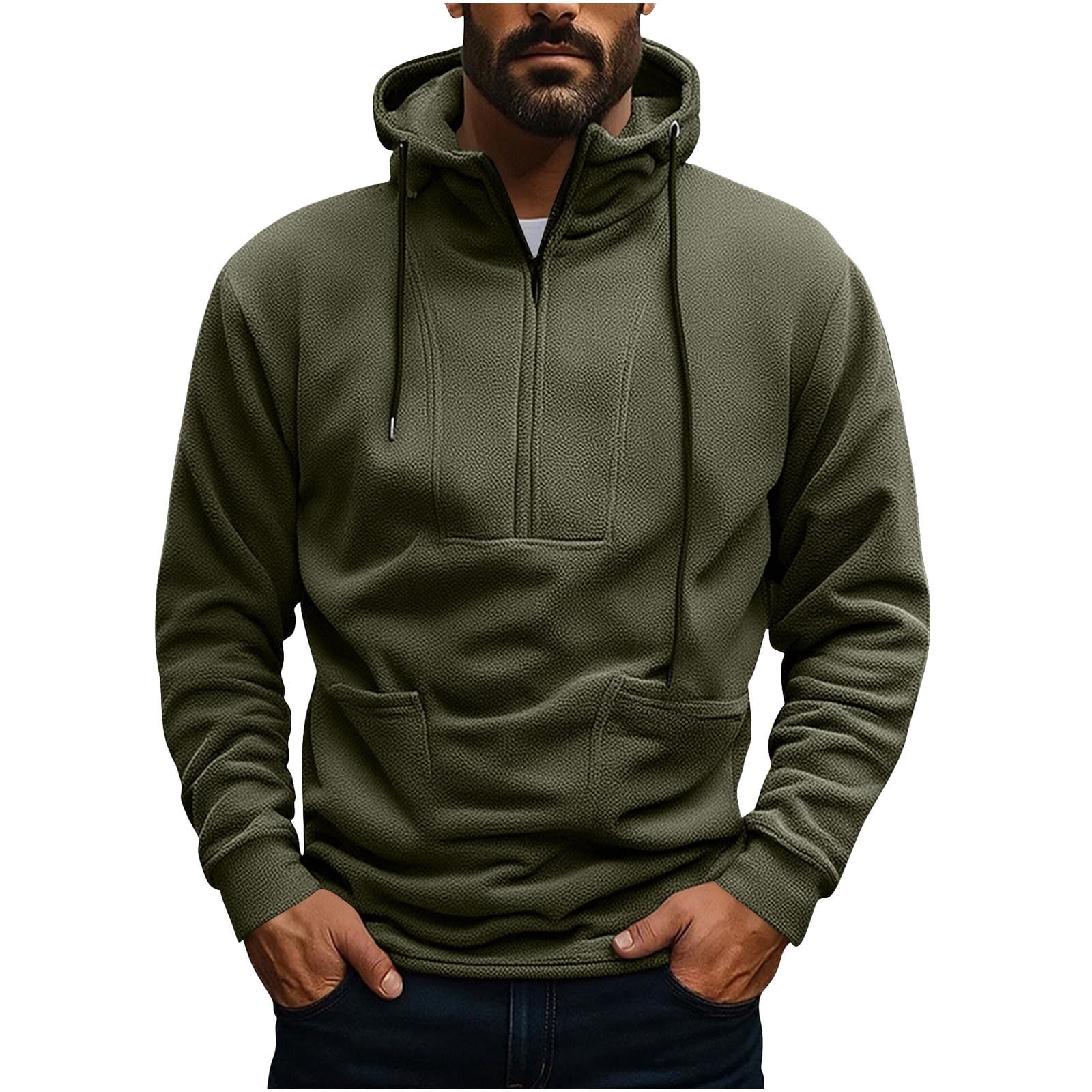 Paiwinds Men's Vintage Full-Zip Fleece Hoodie, Plush Polyester with Adjustable Hood, Retro Casual Sweatshirt in Army Green