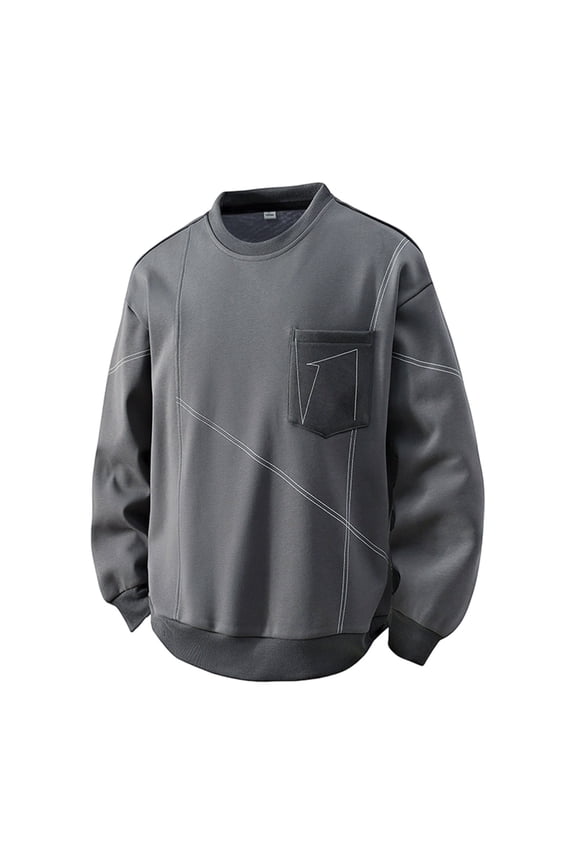 Men's Round Neck Pocket Hoodie, Soft Polyester Pullover with Front Pocket & Relaxed Fit, Casual Black Top for Lounging and Layering