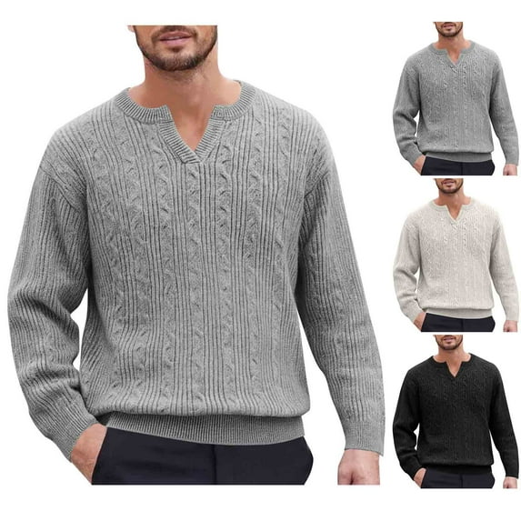 Paiwinds Men's Knitted V-Neck Sweater, Lightweight Polyester with Button Details, Loose Casual Pullover in Beige for Winter