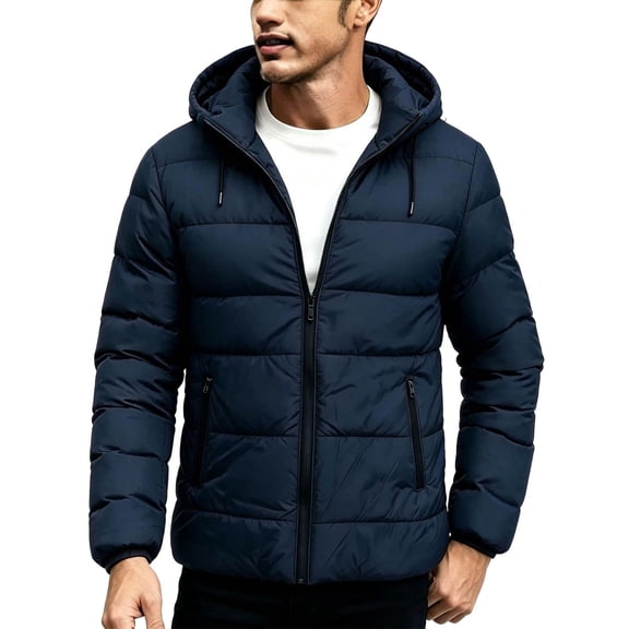 Paiwinds Men's Hooded Puffer Jacket Winter Coat Full Zip Warm Quilted Outerwear with Pockets for Casual Work Vacation Holiday and Daily Wear Regular Fit