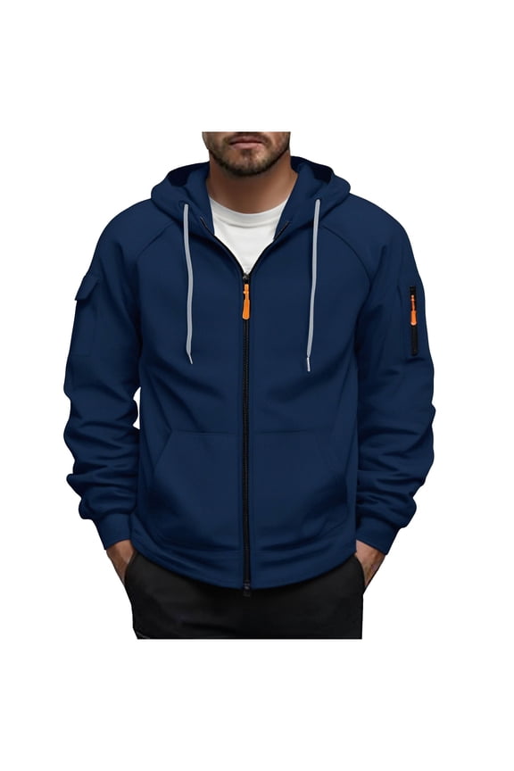Men's Hooded Utility Jacket with Full Zip Closure, Solid Color Design, Durable Polyester Nylon Construction, Long Sleeves and Ample Pockets for Outdoor Work and Adventure Activities