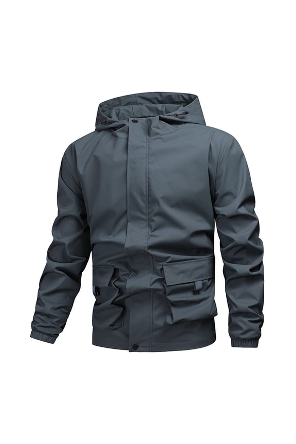 Men's Hooded Utility Jacket with Full Zip Closure, Solid Color Design, Durable Polyester Nylon, Long Sleeves and Ample Pockets for Outdoor Work and Casual Wear