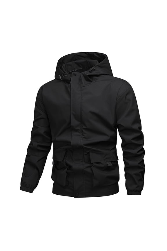 Men's Hooded Utility Jacket with Full Zip Closure, Solid Color Design, Durable Polyester Nylon, Long Sleeves and Ample Pockets for Outdoor Work and Casual Wear