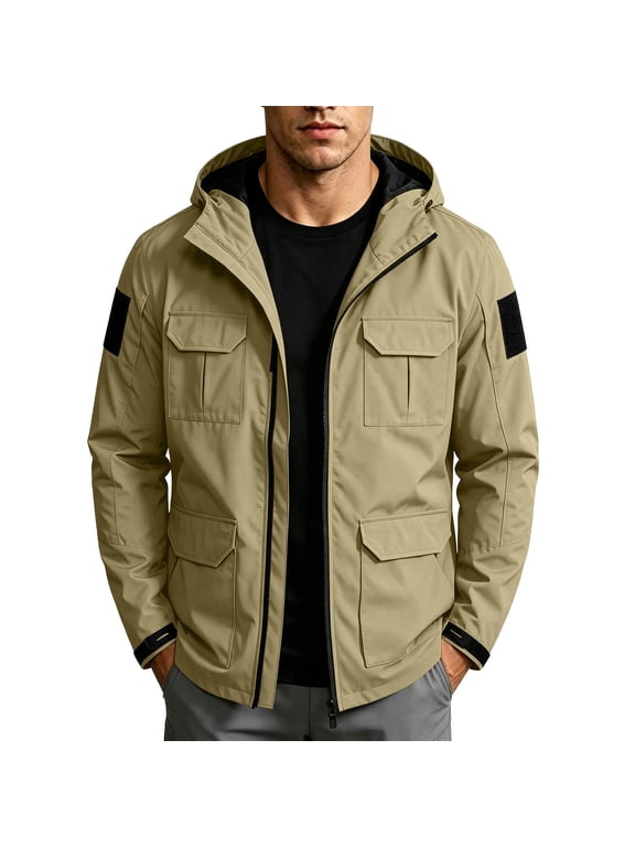 Men's Hooded Utility Jacket Winter Coat Full Zip Long Sleeve Regular Fit Windproof Outerwear with Multi Pockets for Work Travel and Daily Wear