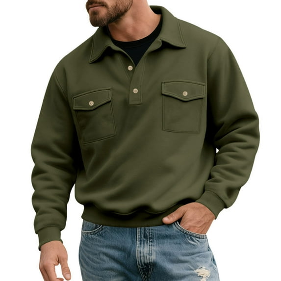Paiwinds Men's Lapel Collar Pullover Sweatshirt, Long Sleeve Casual Top with Multiple Cargo Pockets, Solid Color Comfort Fit Streetwear for Daily Wear