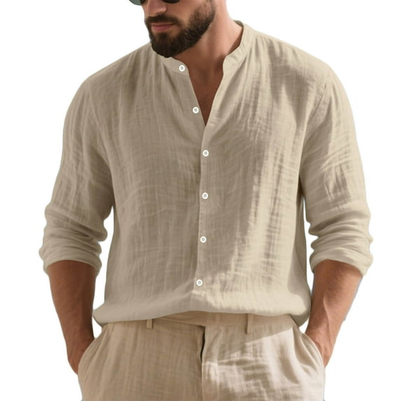Paiwinds Men's Linen Shirt with Mandarin Collar, Breathable Long Sleeve Casual Button Down Shirt for Men, Relaxed Fit Loose Beach Shirt in Multiple Colors