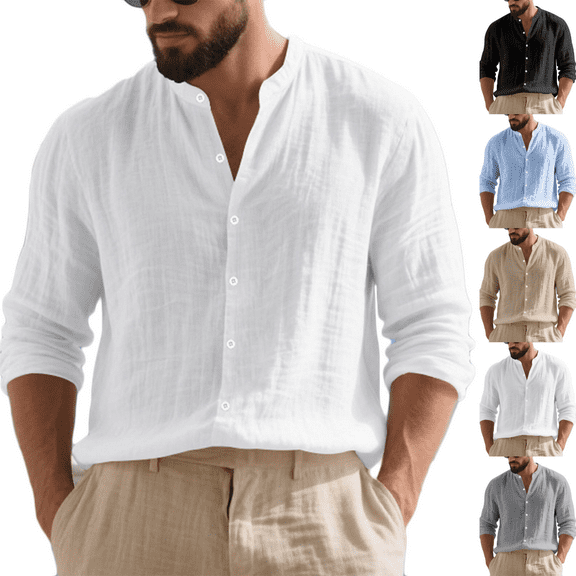 Paiwinds Men's Linen Shirt with Mandarin Collar, Breathable Long Sleeve Casual Button Down Shirt for Men, Relaxed Fit Loose Beach Shirt in Multiple Colors
