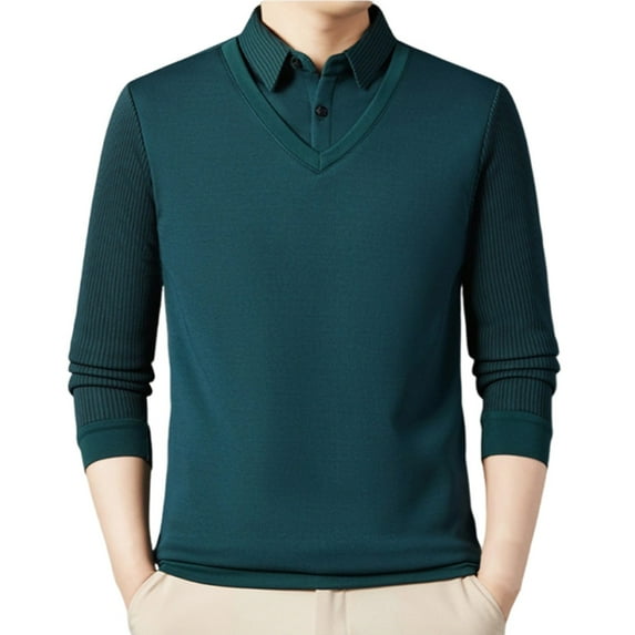 Paiwinds Men's Solid Color Mock Two-Piece Knit Sweater, Warm Turndown Collar Base Shirt with Striped Pattern & Nylon-Spandex Blend, Cozy for Fall & Winter, Hand Wash for Best Results