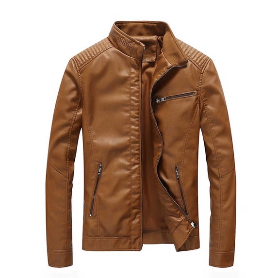 Paiwinds Men's Motorcycle Style Stand Collar Leather Jacket with Zipper Closure and Zip Pockets for Casual Outdoor Occasions with Bold Look