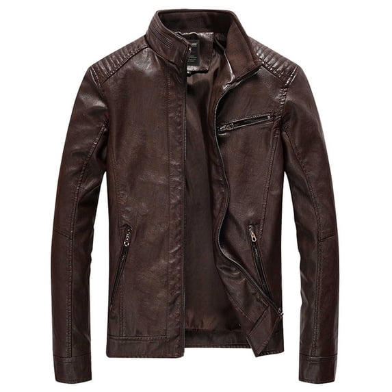 Paiwinds Men's Motorcycle Style Stand Collar Leather Jacket with Zipper Closure and Zip Pockets for Casual Outdoor Occasions with Bold Look