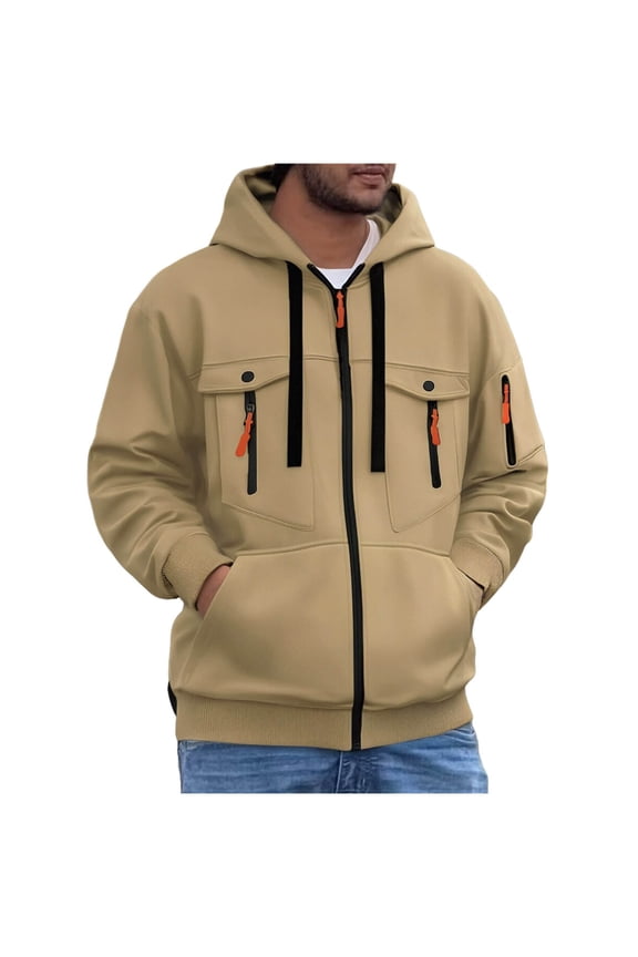 Men's Multi-Pocket Hoodie Full Zip Cardigan Long Sleeve Solid Color Fleece Top with Utility Pockets for Tech Wear Enthusiasts