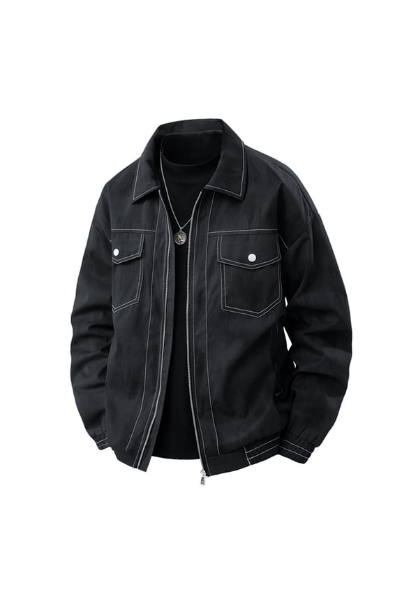 Men's Rugged Workwear Style Jacket Solid Color Full Zipper Front Turn-Down Collar Long Sleeve Heavy Duty Fleece Coat with Multiple Utility Pockets for Construction Sites