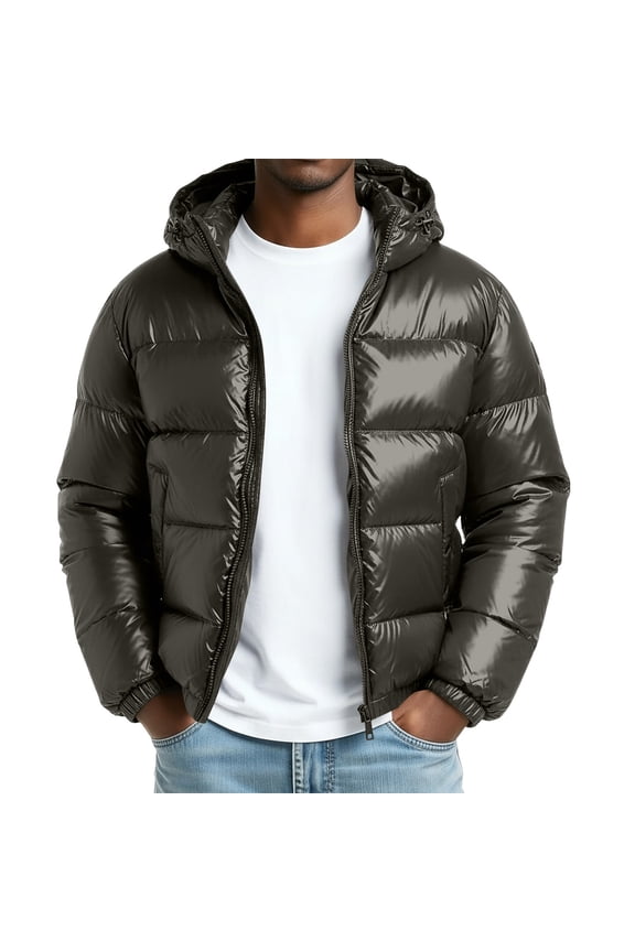 Men's Shiny Reflective Hooded Down Jacket with Zipper Closure and Pockets for Warm Lightweight Winter Wear in Casual and Outdoor Activities