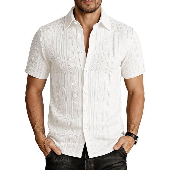 Paiwinds Men's Short Sleeve Button Down Shirt Casual Summer Geometric Jacquard Woven Dress Shirt with Turndown Collar