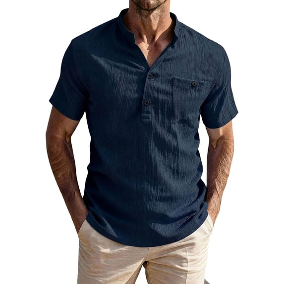 Paiwinds Men's Short Sleeve Button Down Shirt Stand Collar Casual Solid Color Summer Beach Shirt with Pocket for Men
